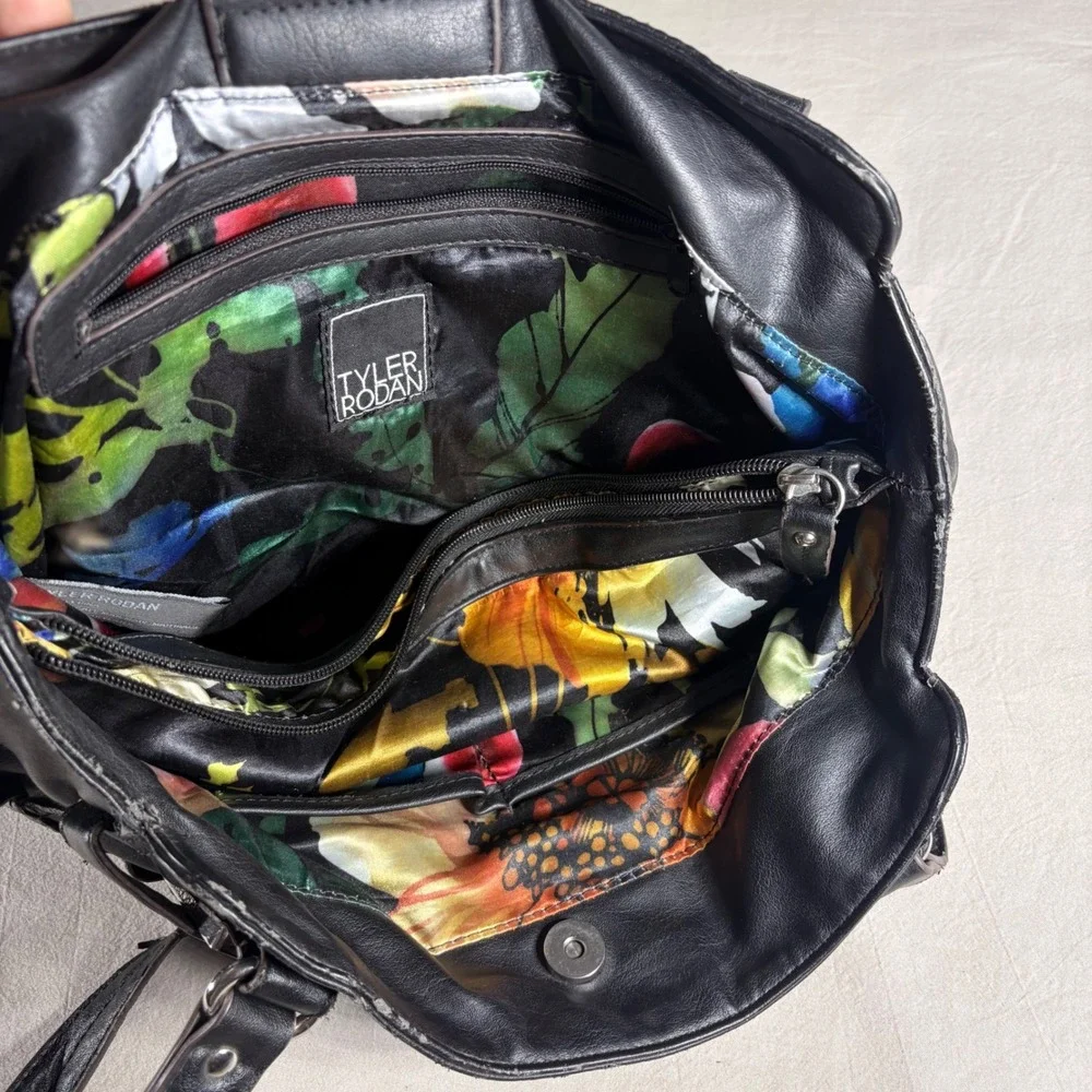 Tyler Rodan Black Faux Leather Tote Bag Floral Lining Multi Pocket Laptop Bag